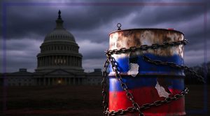 This picture displays an oil barrel wrapped in chains.