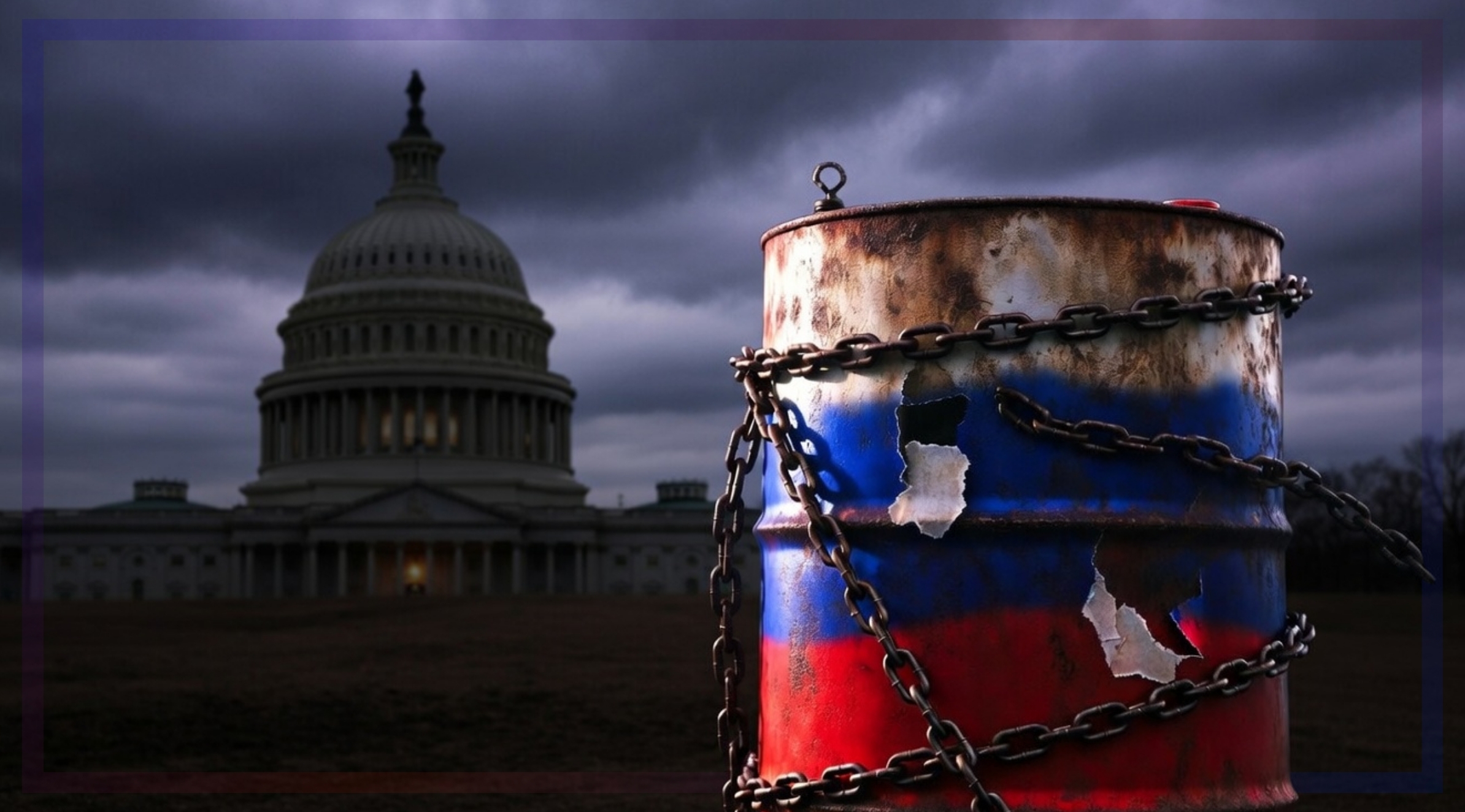 This picture displays an oil barrel wrapped in chains.