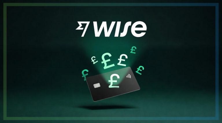 This image shows a Wise banking card with Sterling symbols.