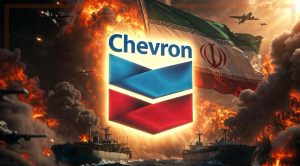 This image shows a scene of war, the Iran flag and the Chevron logo.