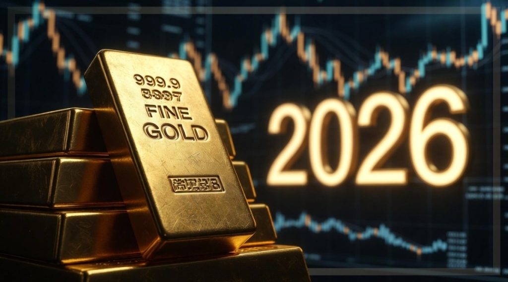 This image shows a bar of gold, with market graphs in the background and the number 2026.