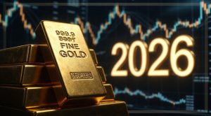 This image shows a bar of gold, with market graphs in the background and the number 2026.