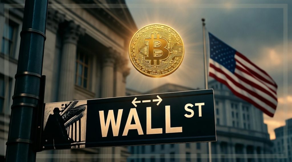 This image shows a Wall Street sign and a Bitcoin.