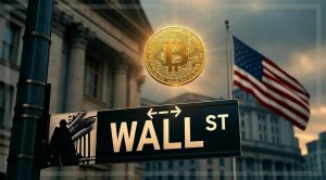 This image shows a Wall Street sign and a Bitcoin.