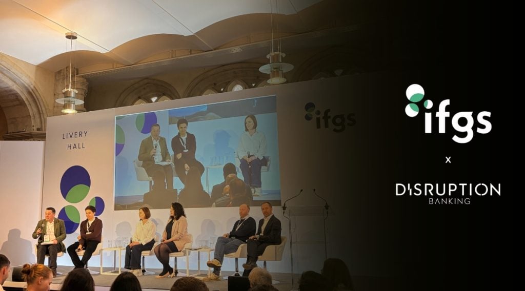 This image shows a panel session at the Innovate Finance Global Summit 2026 at the Guildhall in London.