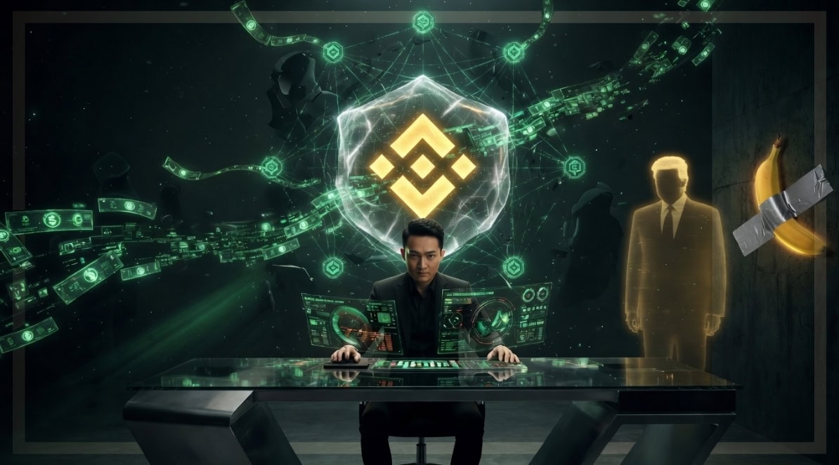 This image shows Justin Sun and President Donald Trump in the background.