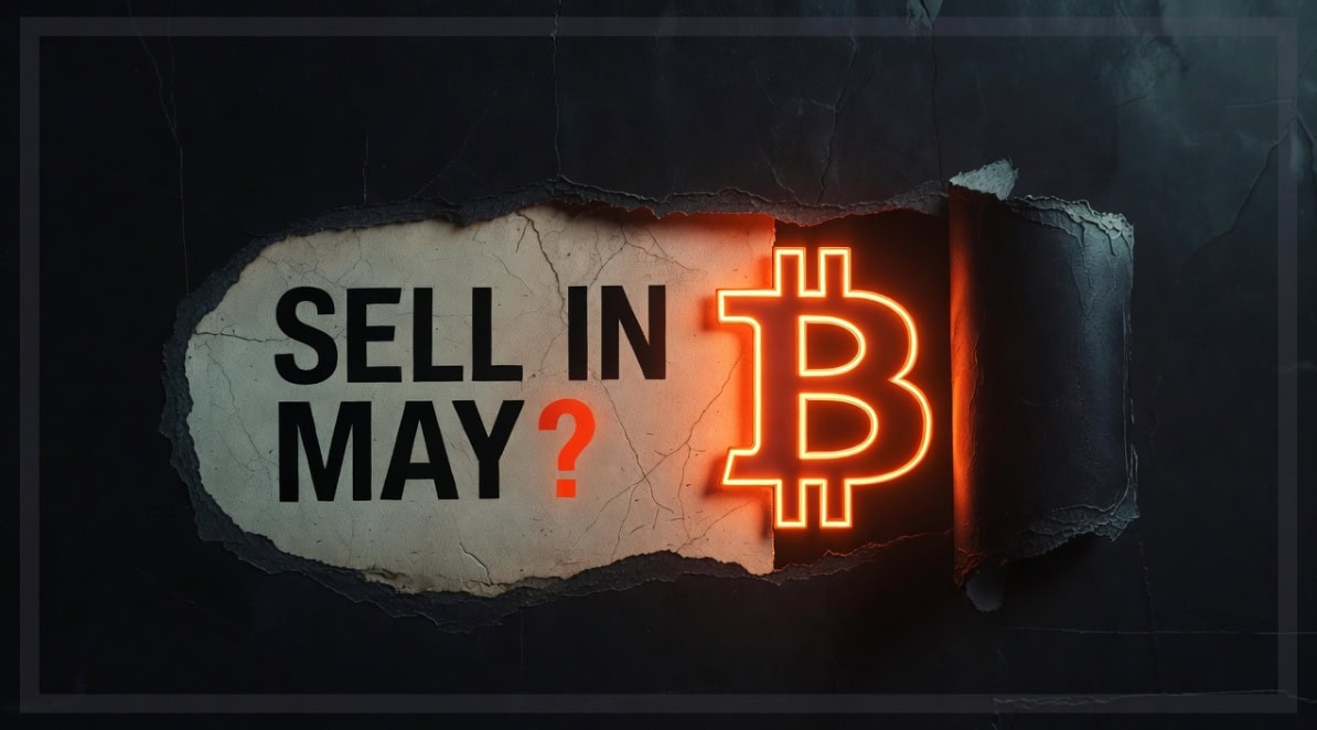 This image shows the Bitcoin symbol and the question "Sell in May?"