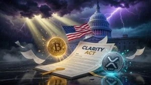 This image shows CLARITY Act, Bitcoin, XRP and Dogecoin and the US flag.