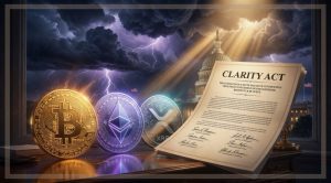 This image shows CLARITY Act, Bitcoin, Ethereum (ETH) and XRP.