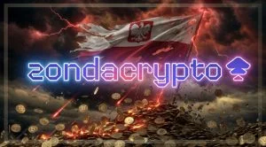This image shows a Polish flag, the Zondacrypto logo and a pile of Bitcoin.