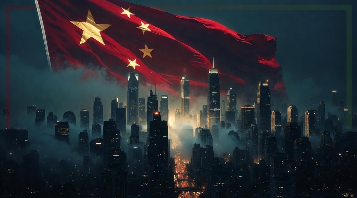 This image shows a Chinese flag in a city.